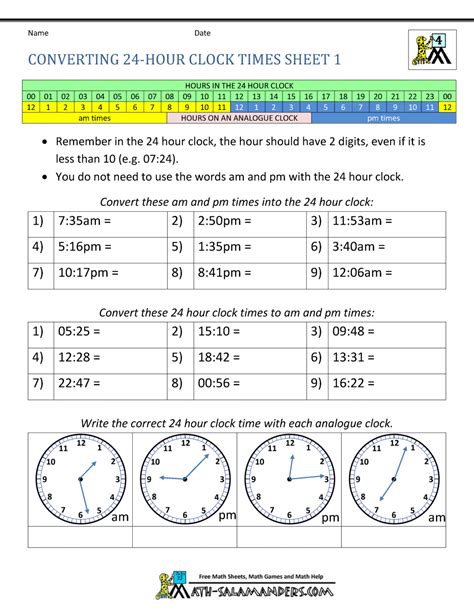 24 Hour Clock Conversion Worksheets