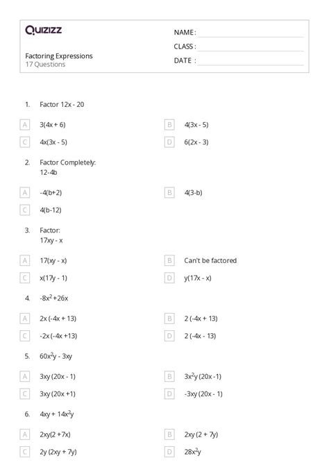 50 Factoring Expressions Worksheets For 8Th Grade On Quizizz Free Amp Printable