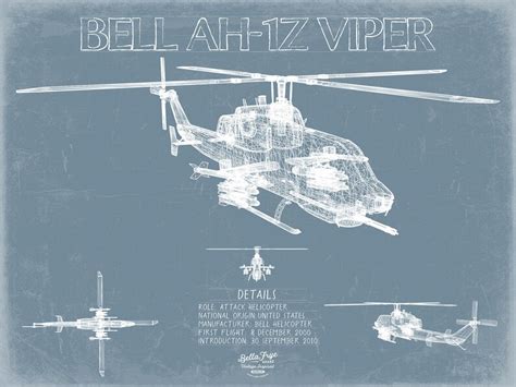 Bell Ah 1 Iz Viper Helicopter Blueprint Wall Art Original Etsy