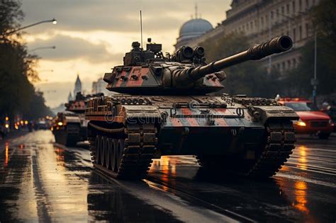 Column Of Military Tanks On The Street Of The City Stock Illustration