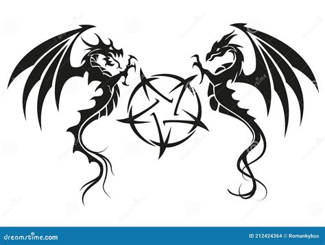 Dragons With Pentagram Dragon Symbol Tattoo Black And White Vector