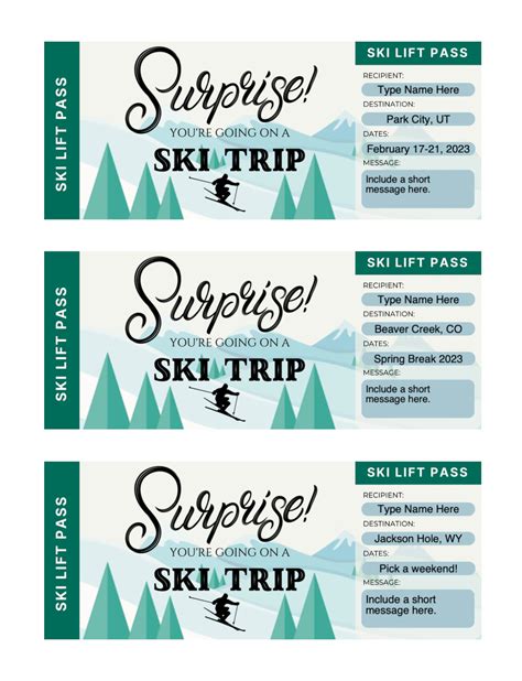 Editable Ski Trip Reveal Ticket Ski Lift Pass Customizable Etsy