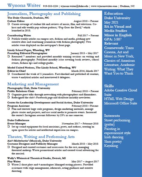 Entertainment Media Arts Resume Examples Career Hub Duke University