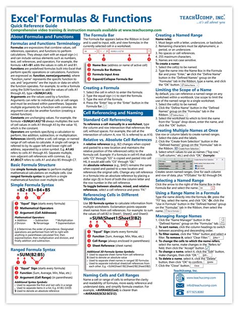 Excel Formulas And Functions Quick Reference Guide Teachucomp Inc