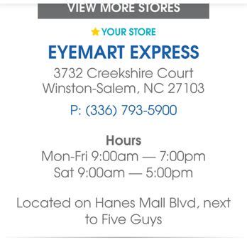 Eyemart Express Updated March 2025 19 Photos 14 Reviews 3732 Creekshire Ct Winston Salem North Carolina Eyewear Opticians Phone Number Yelp