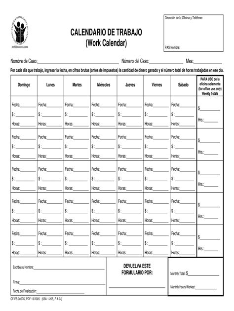 Food Stamp Work Calendar