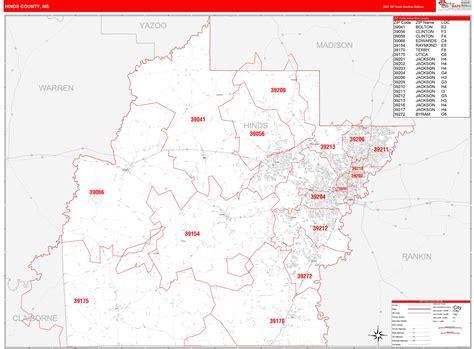 Hinds County Ms Zip Code Wall Map Red Line Style By Marketmaps Mapsales