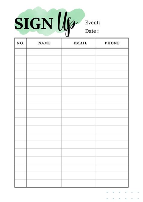 Minimal Sign Up Sheet Event Sign Up Sheet Printable Sign Up Email