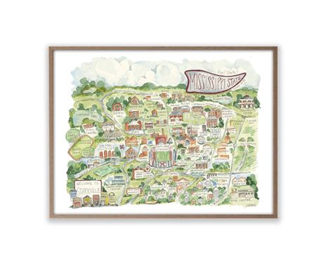 Mississippi State Campus Map Watercolor Art Print Football Etsy