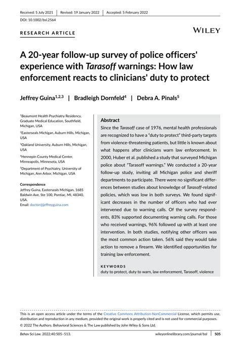 Pdf A 20 Year Follow Up Survey Of Police Officers Amp 39 Experience With Tarasoff Warnings How Law