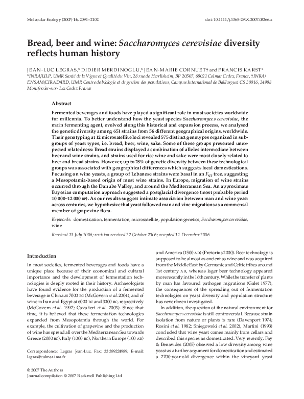 Pdf Bread Beer And Wine Saccharomyces Cerevisiae Diversity Reflects