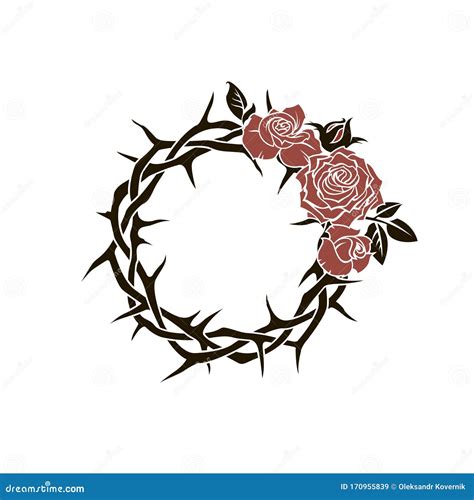 Pink Rose With Crown Of Thorn On Black Background Stock Illustration