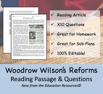 President Woodrow Wilson S Reforms Reading Passage Worksheet Ten