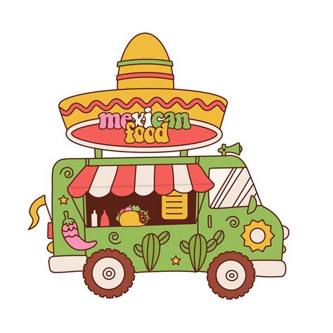 Retro Cartoon Commercial Food Truck Vehicle With Mexican Food Side