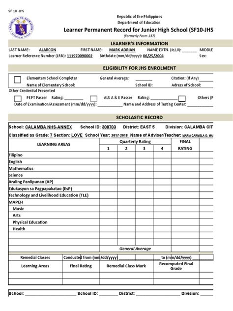 School Form 10 Sf10 Learner S Permanent Academic Record For Junior High