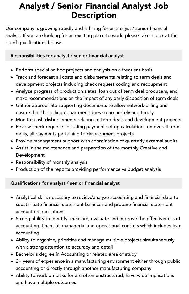 Senior Financial Analyst Job Description Velvet Jobs