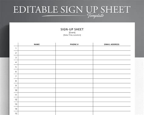 Sign Up Sheet Customizable Sign Up Sheet Template Printable Form Event