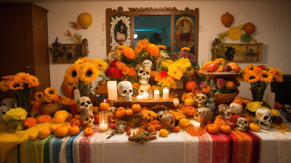 The Day Of The Dead Altar In A Dining Room Background Ofrenda Pictures