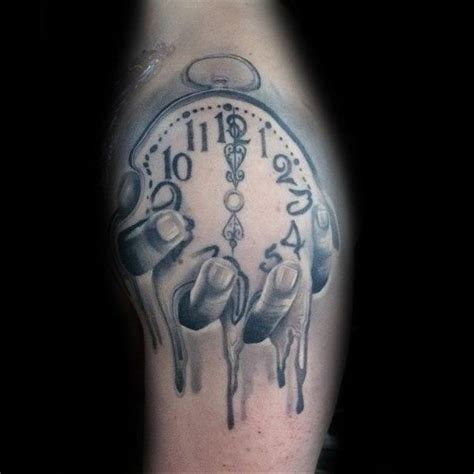 Unique Shaded Melting Clock Hand Mens Arm Tattoo Inspiration Clock