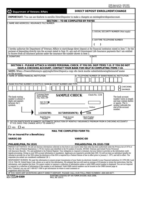 Va Form 29 0309 Direct Deposit Enrollment Change Va Forms