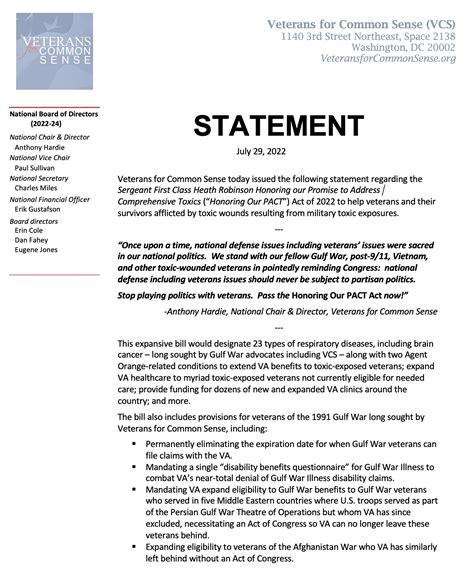 Vcs Statement On Passing The Pact Act Veterans For Common Sense