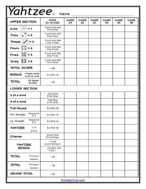 Yahtzee Score Sheet Printable Free