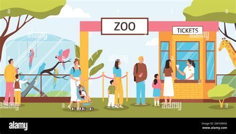 Zoo Entrance With People With Children Standing In Queue And Buying